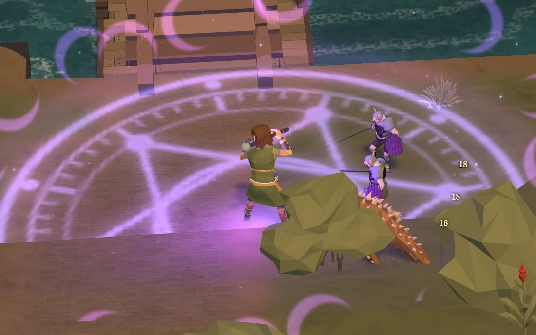 An Arcanist's glyph flares beneath goblin poachers by a frontier bridge