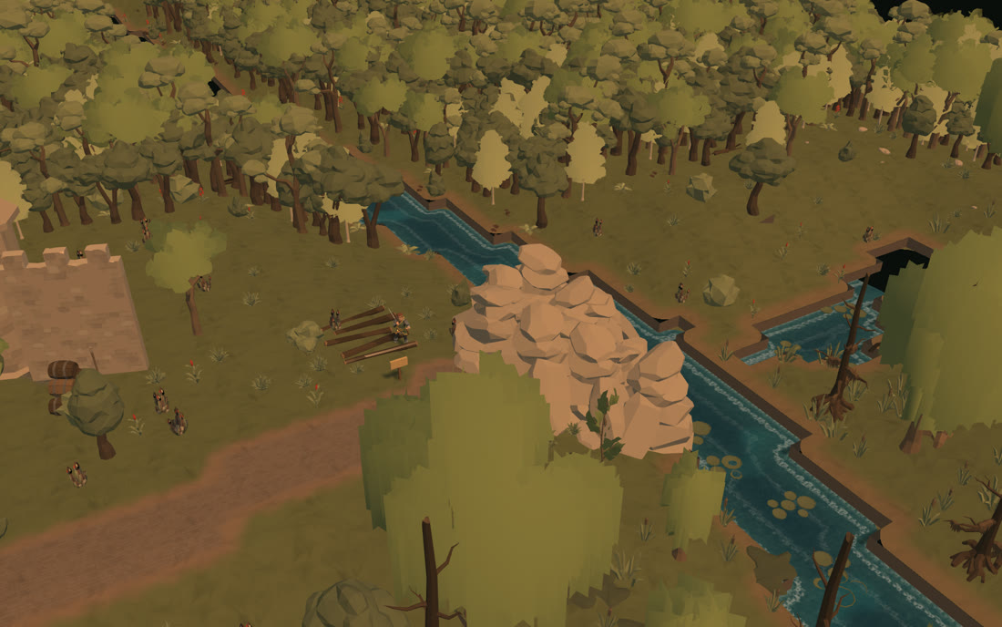 The Broken Bridge on the Tidehaven Frontier, with timber stacked beside the stream for its rebuilding